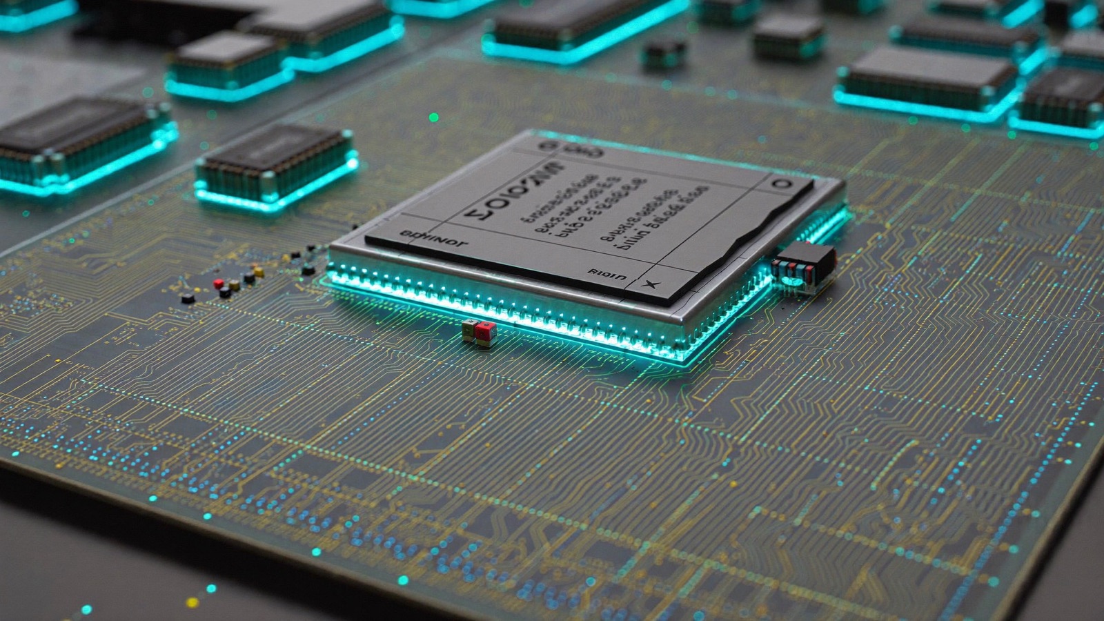 Extreme macro photograph of the Helios-2 photonic quantum die, its waveguide lattice lit by threads of cyan and violet laser light.